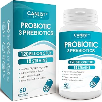 CANLIST البروبيوتيك 120 مليار وحدة تشكيل مستعمرة 18 سلالة، 3 بريبيوتيك وإنزيمات هضمية للرجال والنساء، دعم الجهاز الهضمي والمناعة، رف مستقر غير معدل وراثيًا 60 كبسولة