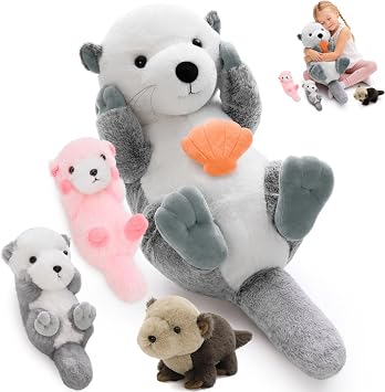 MorisMos 5Pcs Sea Otter Stuffed Animal with Babies,23.6'' Giant Mommy Stuffed Otter Toy with 3 Babies & Plush Seashell, Boy Girl Sea Animal Toys for Kids 3-5 Birthday Christmas Decor