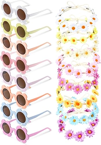 Kanayu Juego de 16 diademas de flores para adultos, gafas de sol de margarita, gafas de flores redondas, girasol, corona, corona de flores