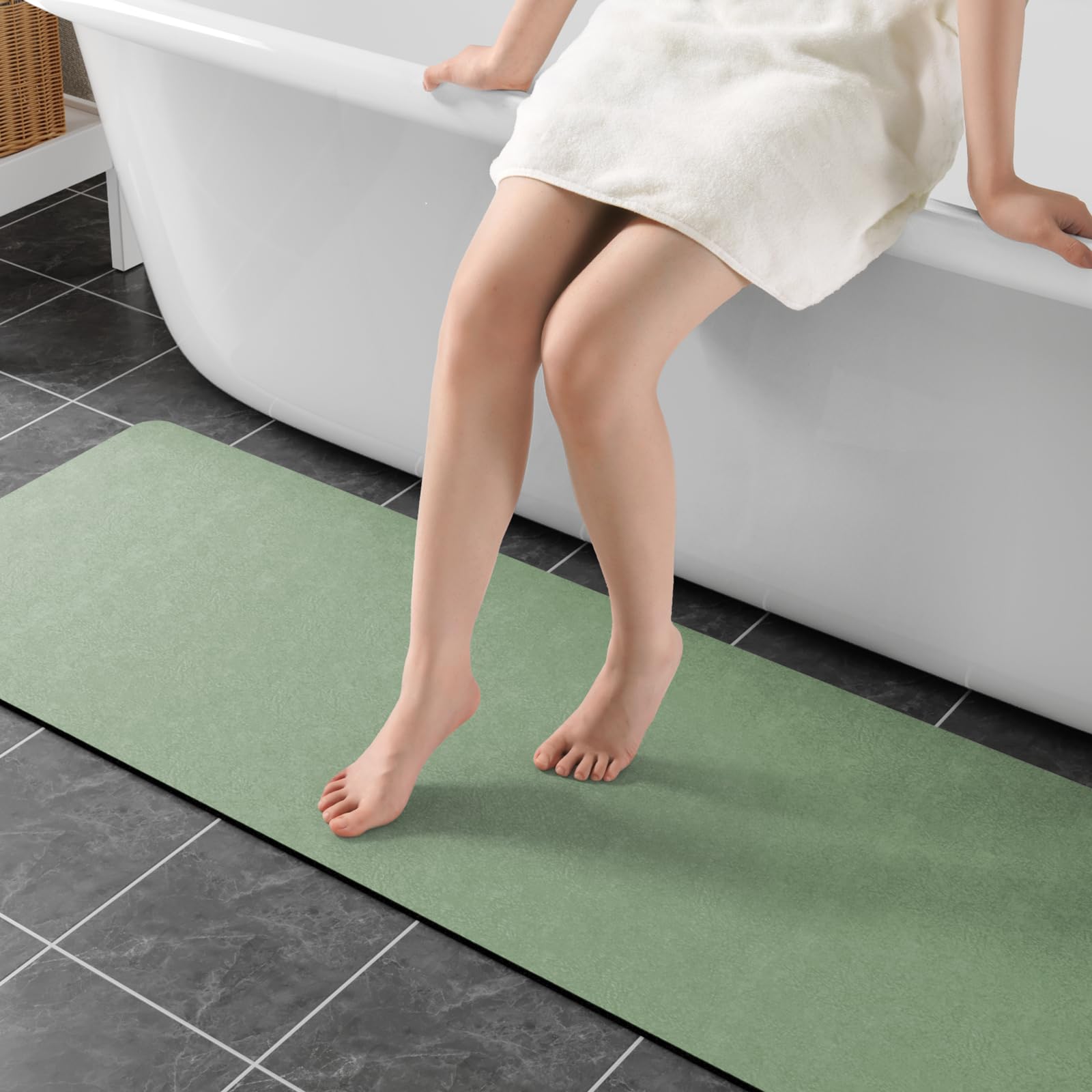 Sage Green Long Bathroom Mat Rugs 59x17 Diatomaceous Earth Bath Mat Large Quick Dry Bath Mat Non Slip Rubber Backed Super Absorbent Shower Mat, Thin
