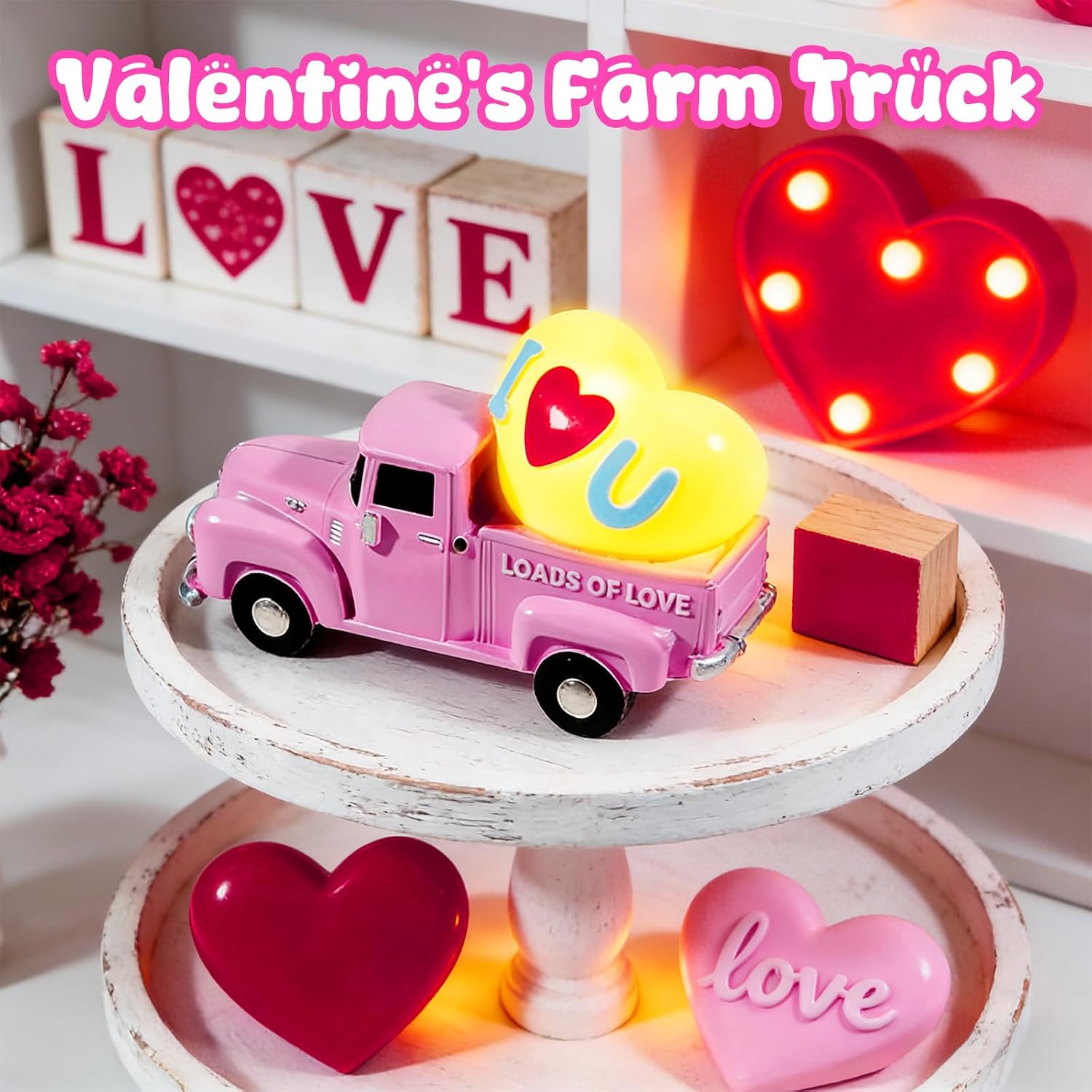 Wowagoga Valentine's Day Resin Truck - 4.5 Inch Mini Pink Heart-Shaped Figurine with Light up Romantic Tabletop Display for Couples and Home Decor