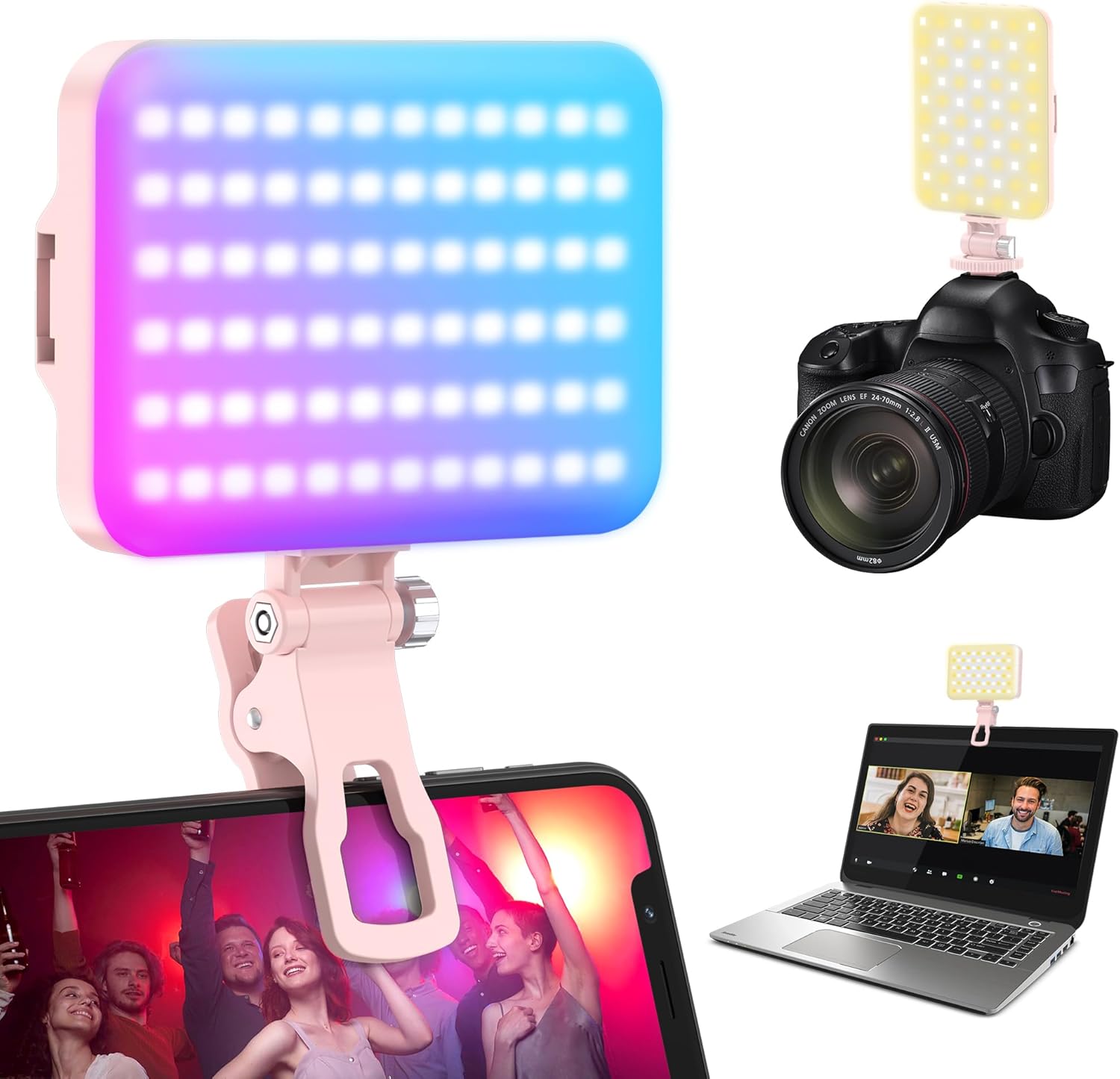 108 RGB Video Light, 2200mAh Camera Light with 3CCT/ 360° Full Color/20 Lighting Effects, 2500-6500K LED Selfie Light for iPhone-CRI 97+, Portable Phone Light for Party, Photography, Streaming (Pink)