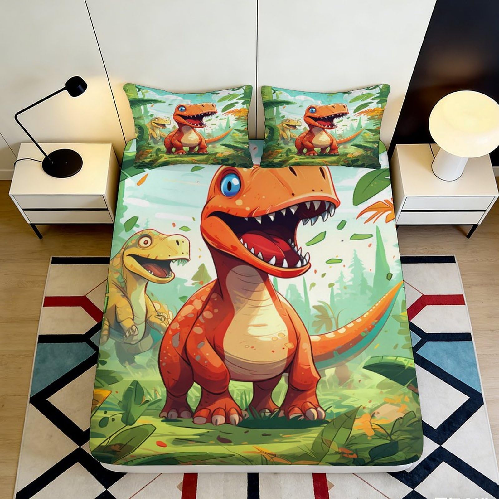 3D Printed Dinosaur Theme Fitted Sheet Microfiber Deep Pocket Bedroom Bedding Dinosaur Mattress Fitted Cover Elastic Non-Slip for Adult Teen 180x200x25cm