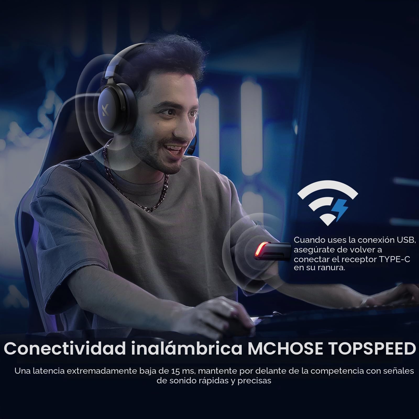 MCHOSE V9 Pro Auriculares Gaming, Son Surround 7.1, Controladores de Audio 53 mm, Micrófono Desmontable, Banda Ajustable, Ligero, USB-C con Cable, 2.4G / BT Inalámbrico, para PC, Mac, PS5, PS4, Switch