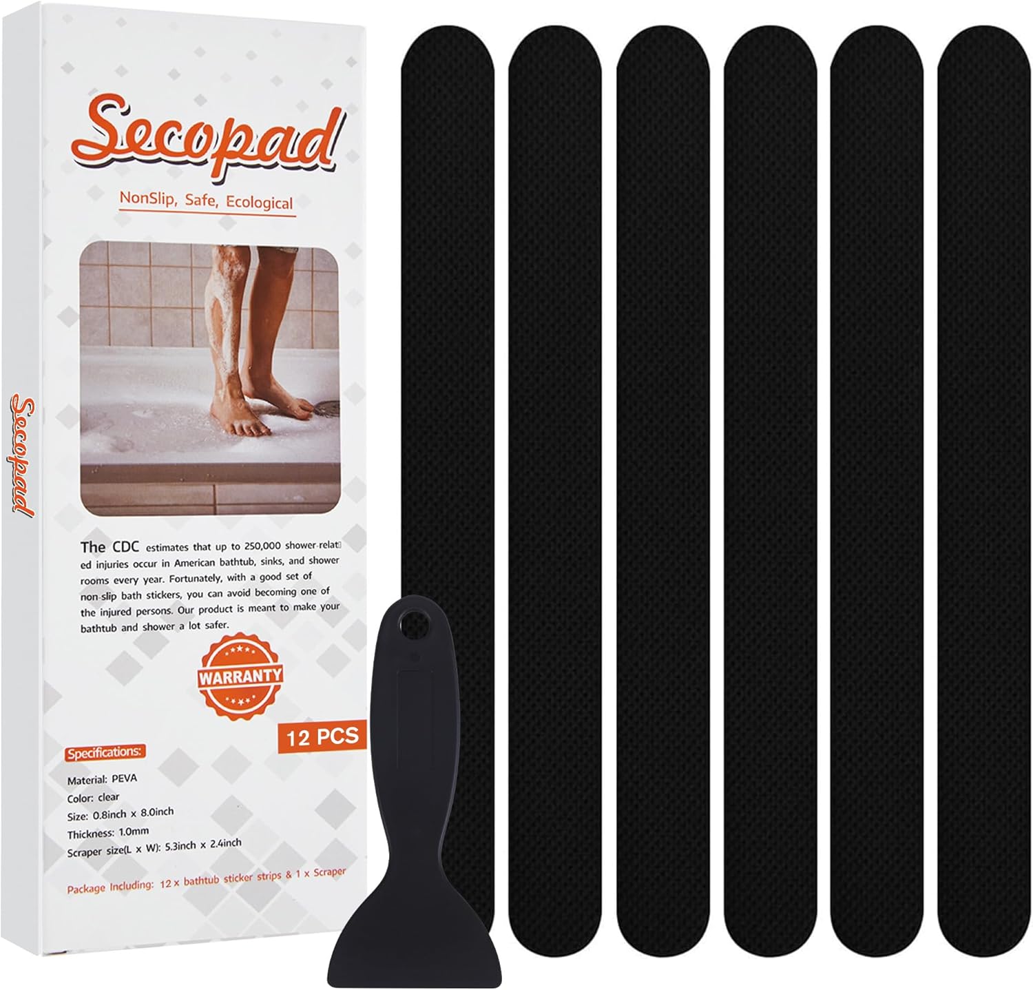 Secopad Original Anti-Slip Shower Stickers for Bathtub & Shower Floor, Strong Adhesive Safety Strips with Scraper Ideal for Families with Kids, Adults & Seniors, 24 PCS (Black)