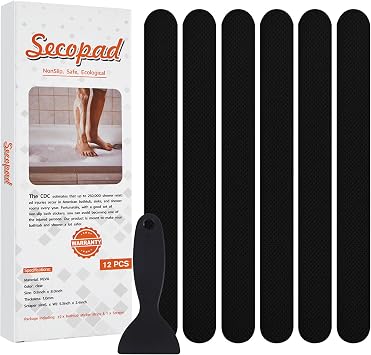 Secopad Original Anti-Slip Shower Stickers for Bathtub & Shower Floor, Strong Adhesive Safety Strips with Scraper Ideal for Families with Kids, Adults & Seniors, 12 PCS Black