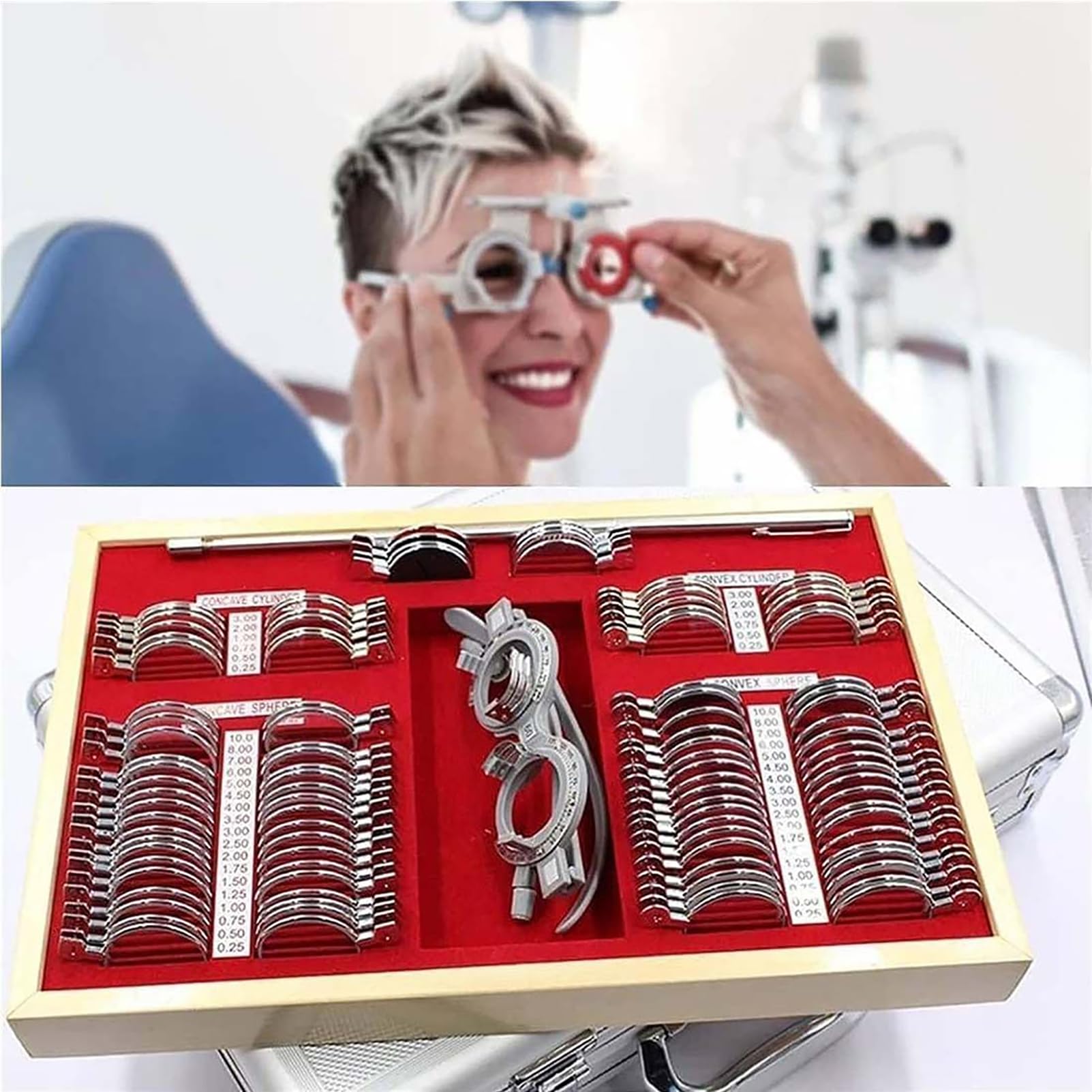 Set di Lenti di Prova Ottiche da 104 Pezzi, Telaio di Prova per Test Optometrico con Custodia in Alluminio, Attrezzatura per Lenti di Prova Accessori per La Protezione degli Occhi