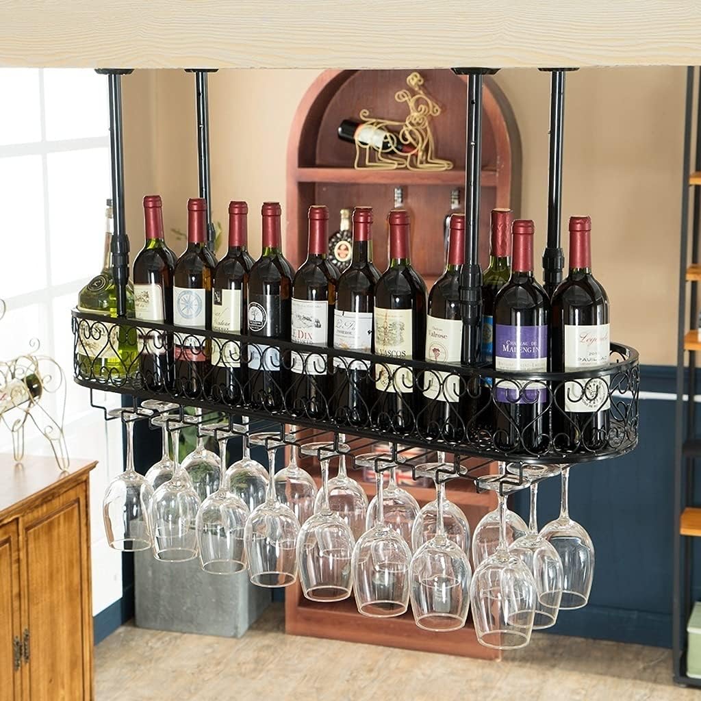 Vintage Wrought Iron Free Standing Wine Rack - Adjustable Height Double Layer Bottle Holder, Loft Style Wine Storage & Goblet Organizer for Home Décor, Rustic Tabletop Display.