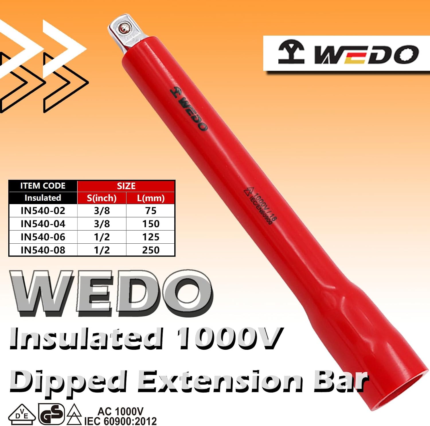 WEDO 3/8" Drive Extension Bar,Socket Extension Bar,Insulated Dipped Nut Drive Tool, Insulated Extension Bar,VDE 1000V,IEC 60900, Length 2.95"(75mm),1000 Volt Insulated Tools for Electricians