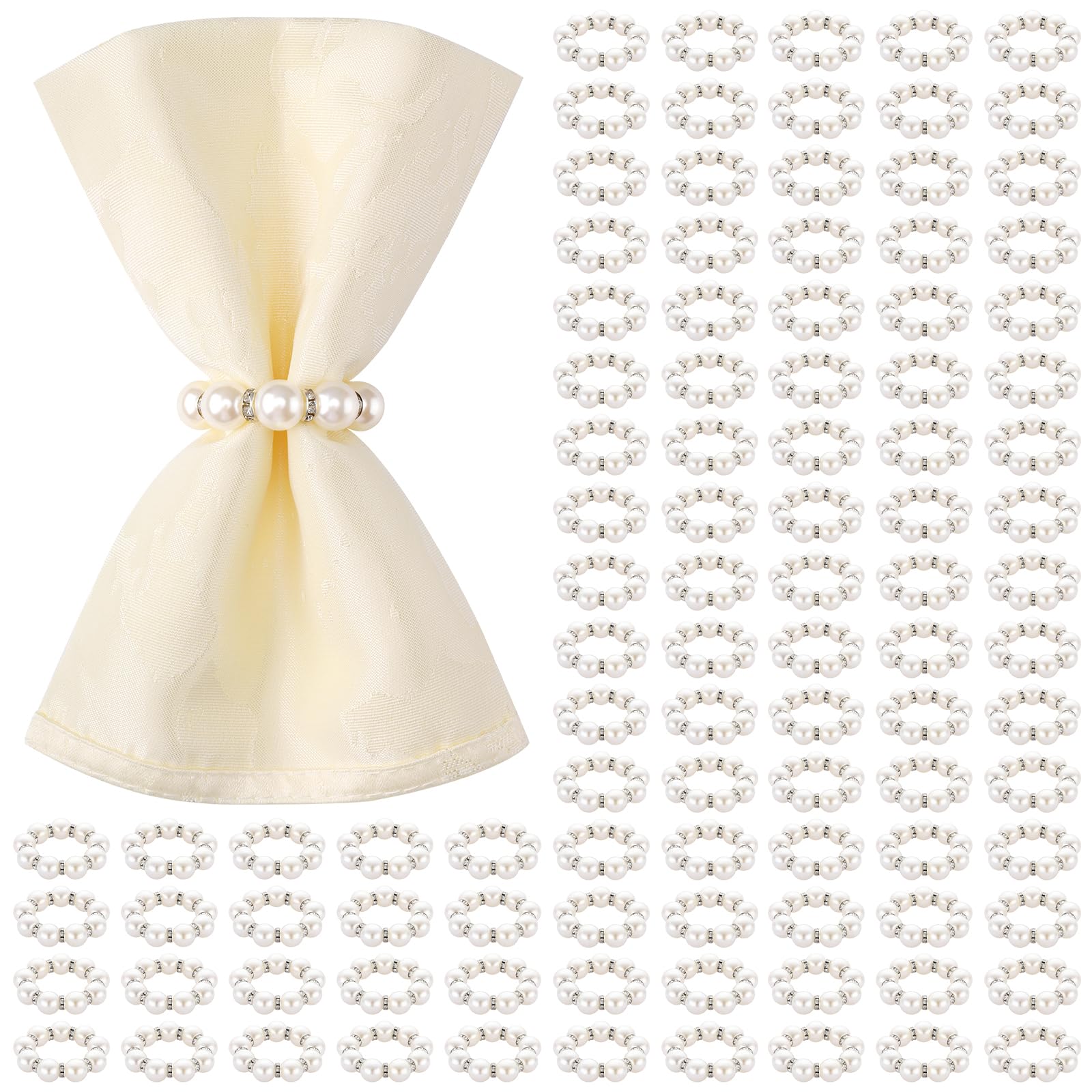 Suream Lot de 100 ronds de serviette en perles avec strass argentés - Décoration de table pour fête d'anniversaire, table de banquet et usage quotidien (blanc et argenté)