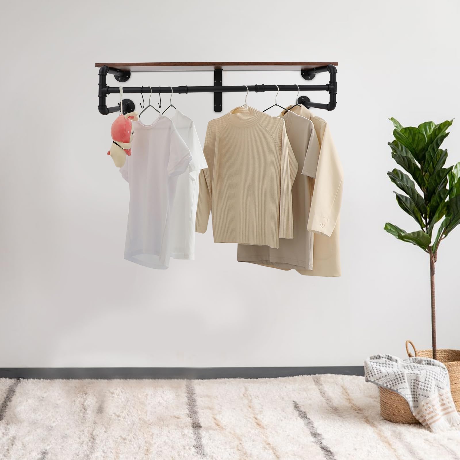 Wandgarderobe mit Ablage, Industrielle Kleiderstange zur Wandmontage, Wandregal mit 3 verstellbaren Haken, Wandmontiertes Hängeregal für Wohnzimmer, Schlafzimmern, Eingang, 100x22x25 cm (Schwarz)