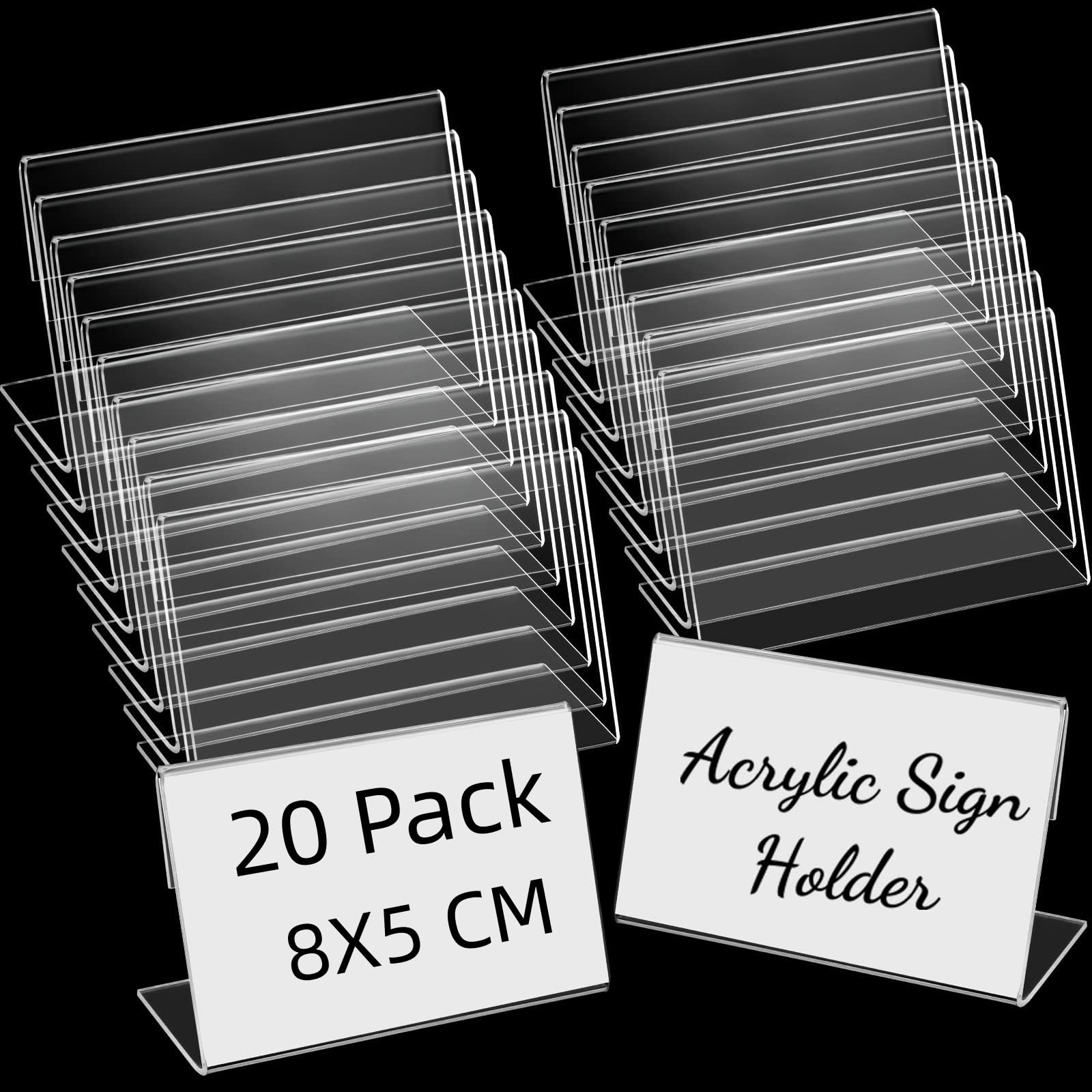 VeximindDisplay Stand - 20-Pack Mini Clear Sign Holder, 8 x 5 cm Horizontal Slanted L-Shape Plastic Name Card Price Card Tag Label Counter Top Stand