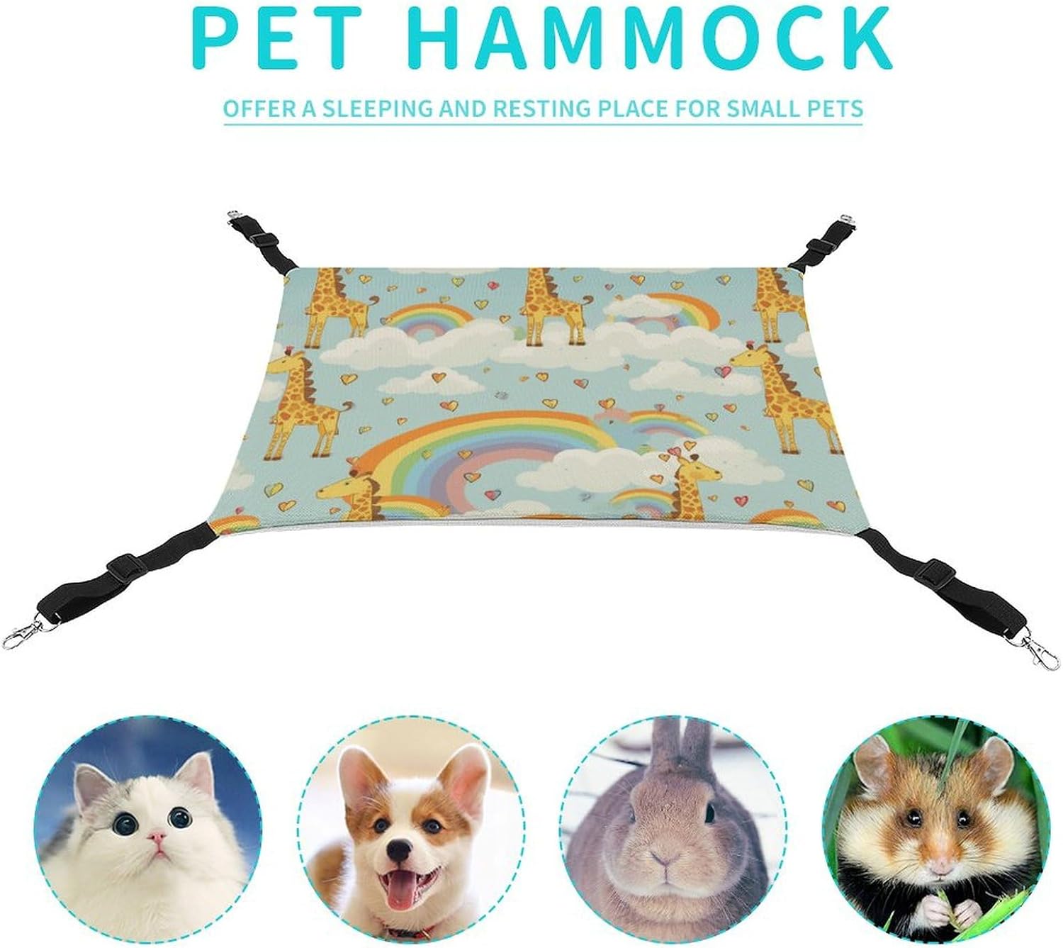 review Hanging Pet Hammock, Cartoon Giraffe Rainbow and Clouds Printed Soft Breathable Pet Hammock with Adjustable Straps and Metal Hooks for Cats Small Dogs Rabbits Sugar Gliders