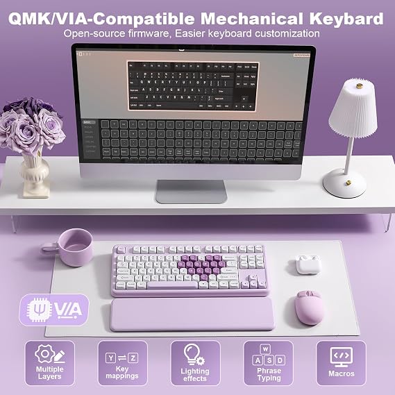 YUNZII B87 Wireless Mechanical Keyboard,QMK/VIA Programmable,TKL Layout 87 Keys,BT/2.4G/USB-C,Hot Swap Gasket Mount RGB Backlit Gaming with Wrist Rest for Win/Mac (Purple Heart, Milk V2)