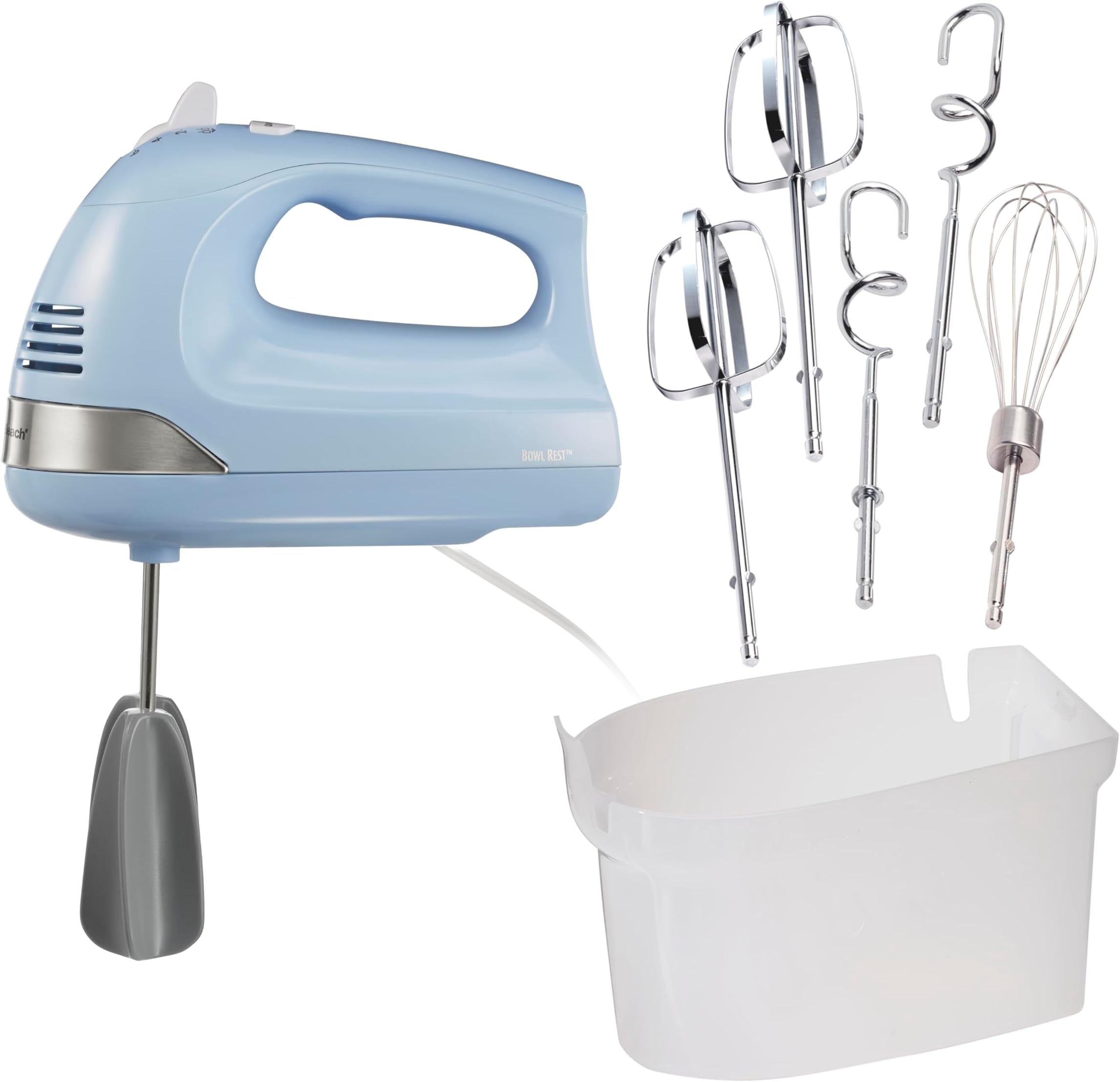 6-Speed Electric Hand Mixer with Whisk, Dough Hooks and Easy Clean Beaters, Powerful 275 Watt Motor, Snap-On Storage Case, Blue