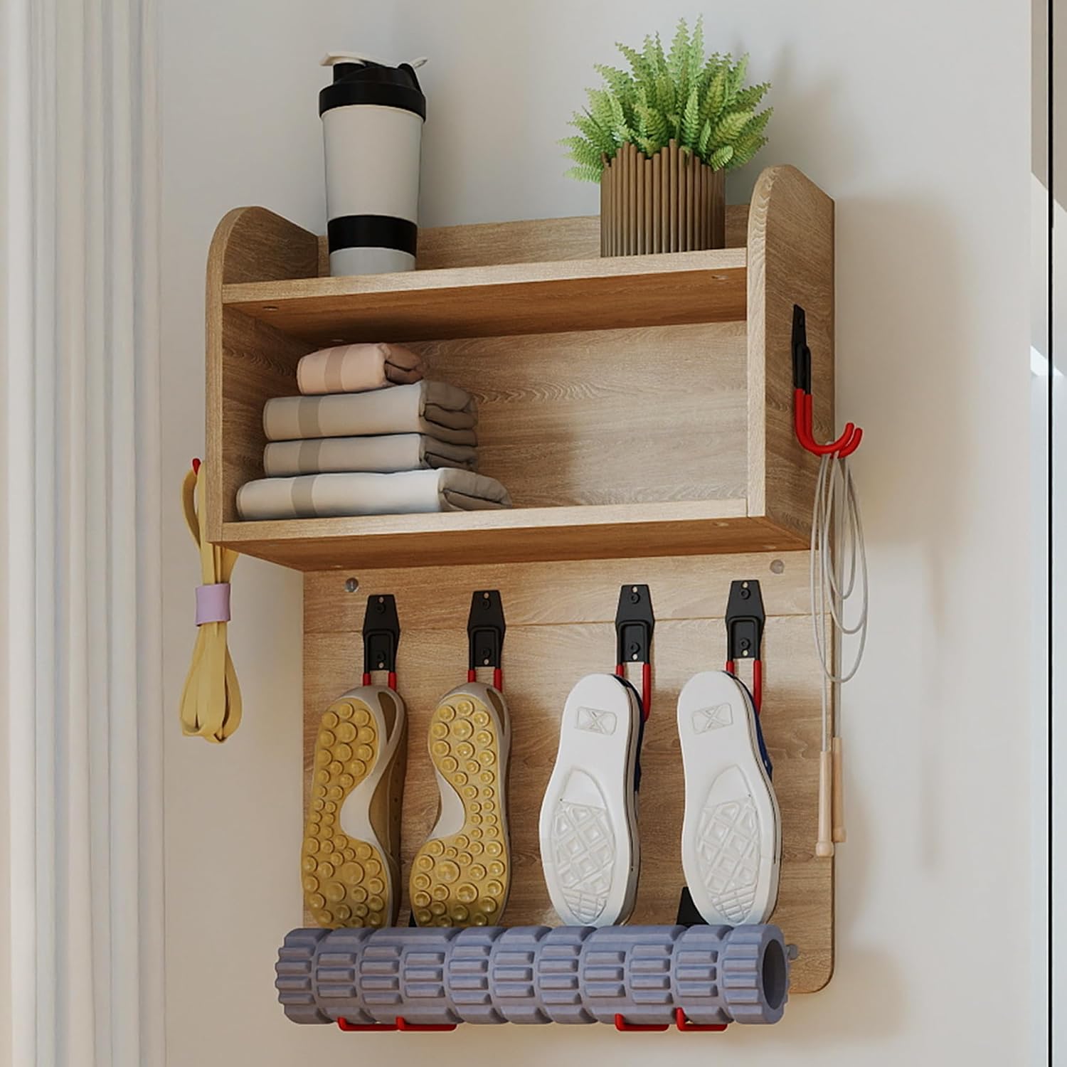 Home Gym Organizer,Wall Mount Yoga Mat Holder Rack,Home Gym Storage Rack for Workout Exercise Equipment,Garage Gym Accessories&Home Gym Must Haves,Natural Oak