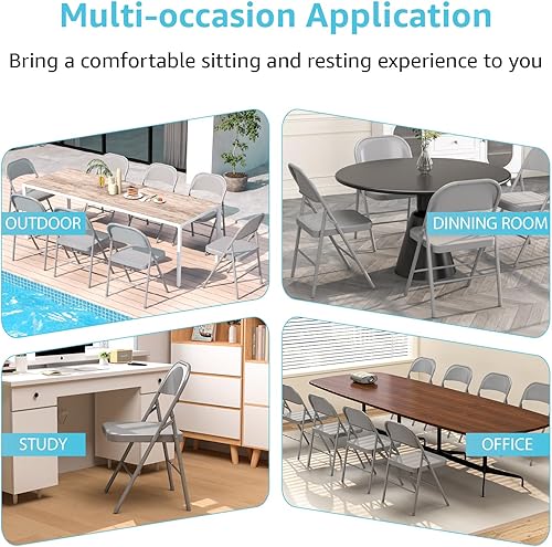 Miniatura 4 de Sillas plegables de metal con marco de acero con doble bisagra para oficina, cocina, comedor, boda, patio y jardín, sin montaje, juego de 4, gris