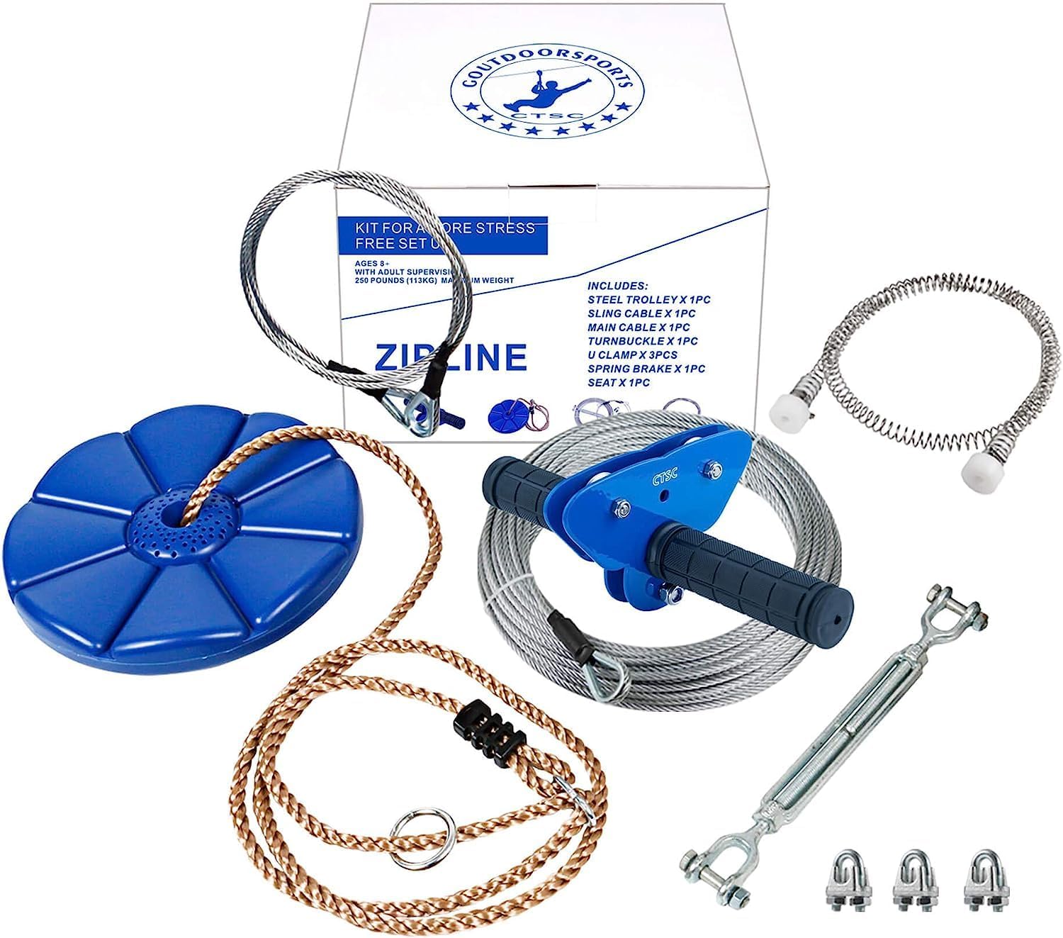CTSC Zip Line Kits for Garden, 45m Zip Wire Kit with 1.8m Stainless Steel Spring Brake, Zip Wire For Kids and Adults (45m blue)