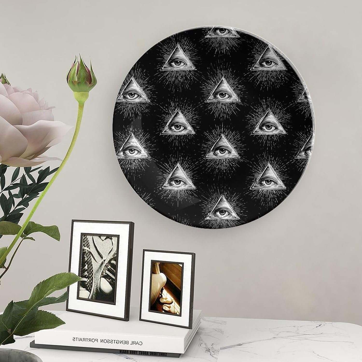 Illuminati Triangle Eye Novelty Decorative Plate with Display Stand Handmade Ceramic Ornament Hanging Wall Decor for Home Office Foyer