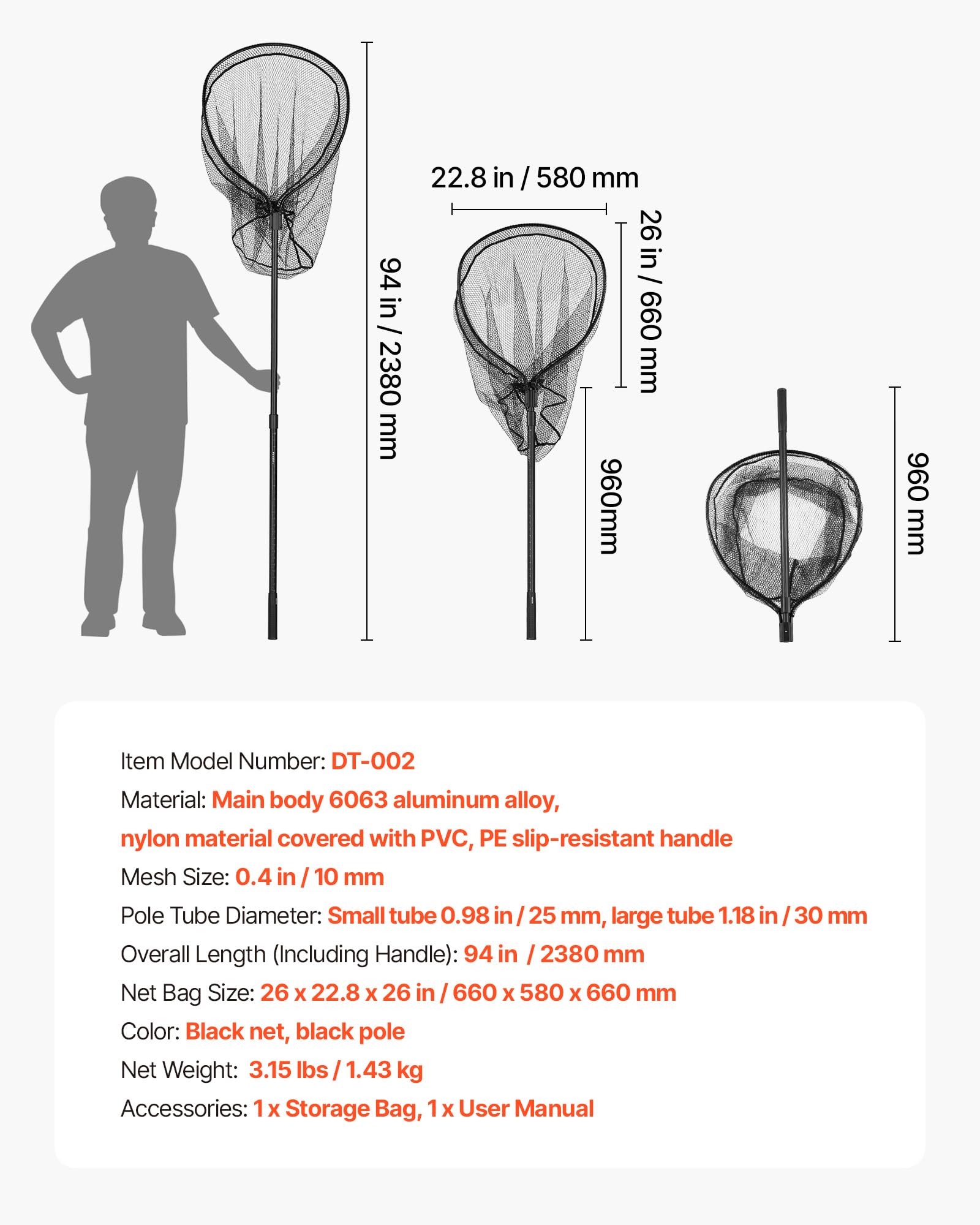 VEVOR Retino da Pesca con Asta Telescopica, Rete per Pescatori Lunghezza Asta 960 mm Antiscivolo, Fibro di Carbonio PVC Rivestito in Nylon, Retino da Pesca Carico max 10 kg da Stagni Lago Kayak Barche