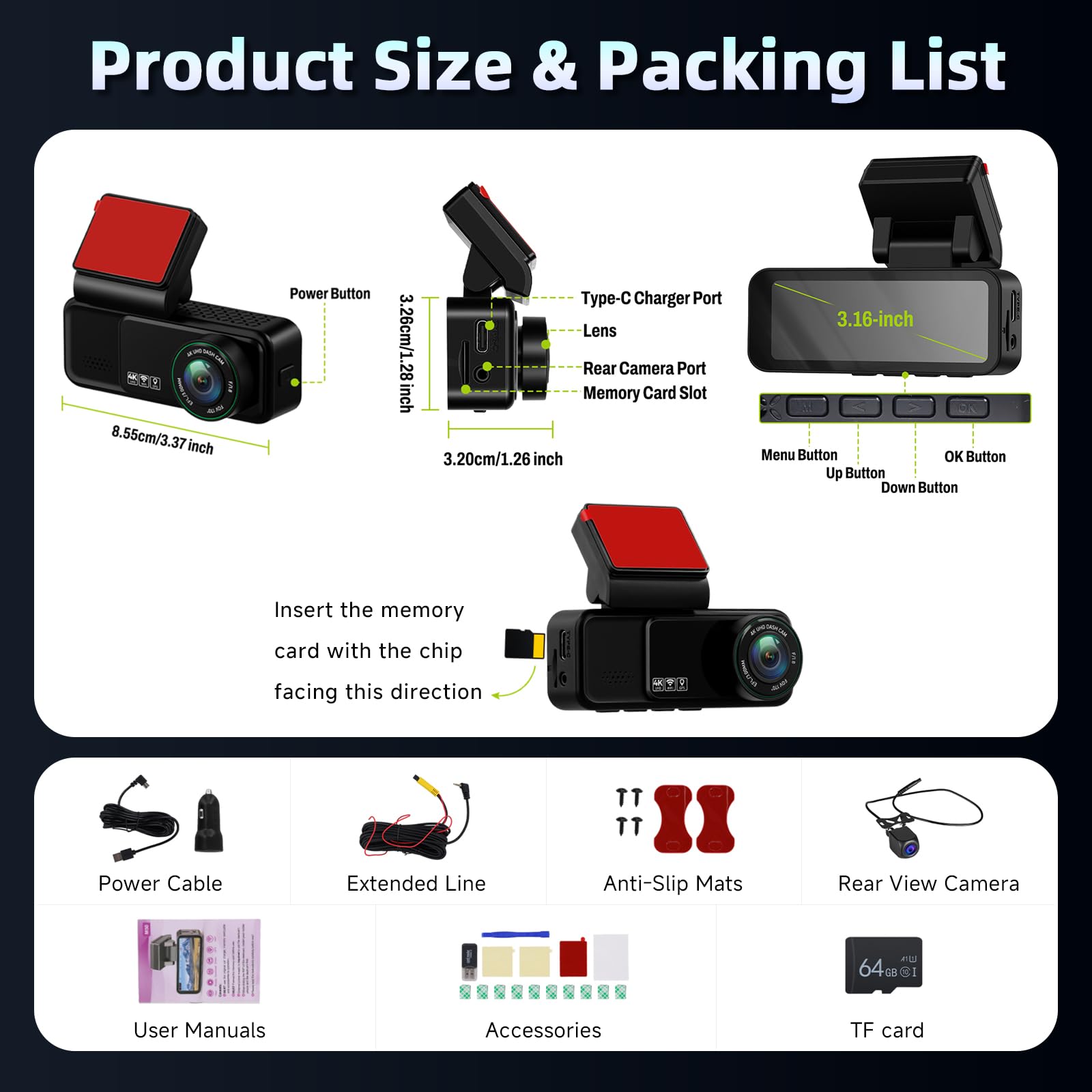 Hodozzy Dashcam Cámara Frontal 4K y Cámara Trasera 2K, Pantalla 3,16 Pulgadas, Cámara para Salpicadero de Coche, WiFi y App, ADAS BSD y LCA, Sensor G, Grabación en Bucle, Monitor en Modo Aparcamiento