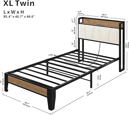 Miniatura 2 de LIKIMIO Marcos de Cama Twin XL, Cabecera de Almacenamiento con Estación de Carga, Sólida y Estable, Sin Ruido, No Necesita Somier, Fácil Montaje,