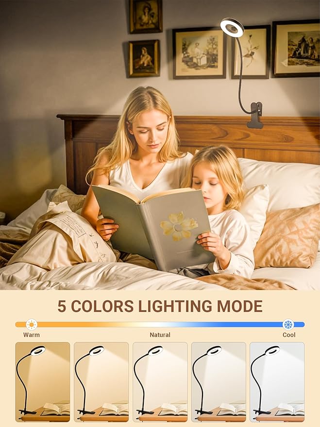 ReinHoo Clip on Lamp,5 Colors+10 Brightness LED Desk Lamp with Clamp,550lm Bright Clip on Light for Bed Headboard/Bedside Table,360°Adjustable Reading Light for Bed,Desk Lights for Home Office Study [Adapter] photo 2