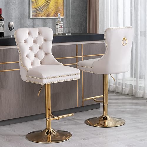 Miniatura 3 de Taburete de bar giratorio con respaldo copetudo, taburetes de bar ajustables en altura de mostrador, ribete de cabeza de clavo, silla de bar