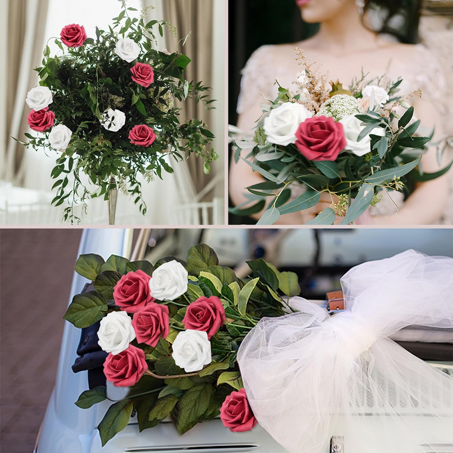 Artificial Flowers Wine red & White Roses 100PCS Real Looking Foam Fake Roses with Leaves and for DIY Wedding Bouquets Bridal Shower Centerpieces Party Decorations (Wine red & White)