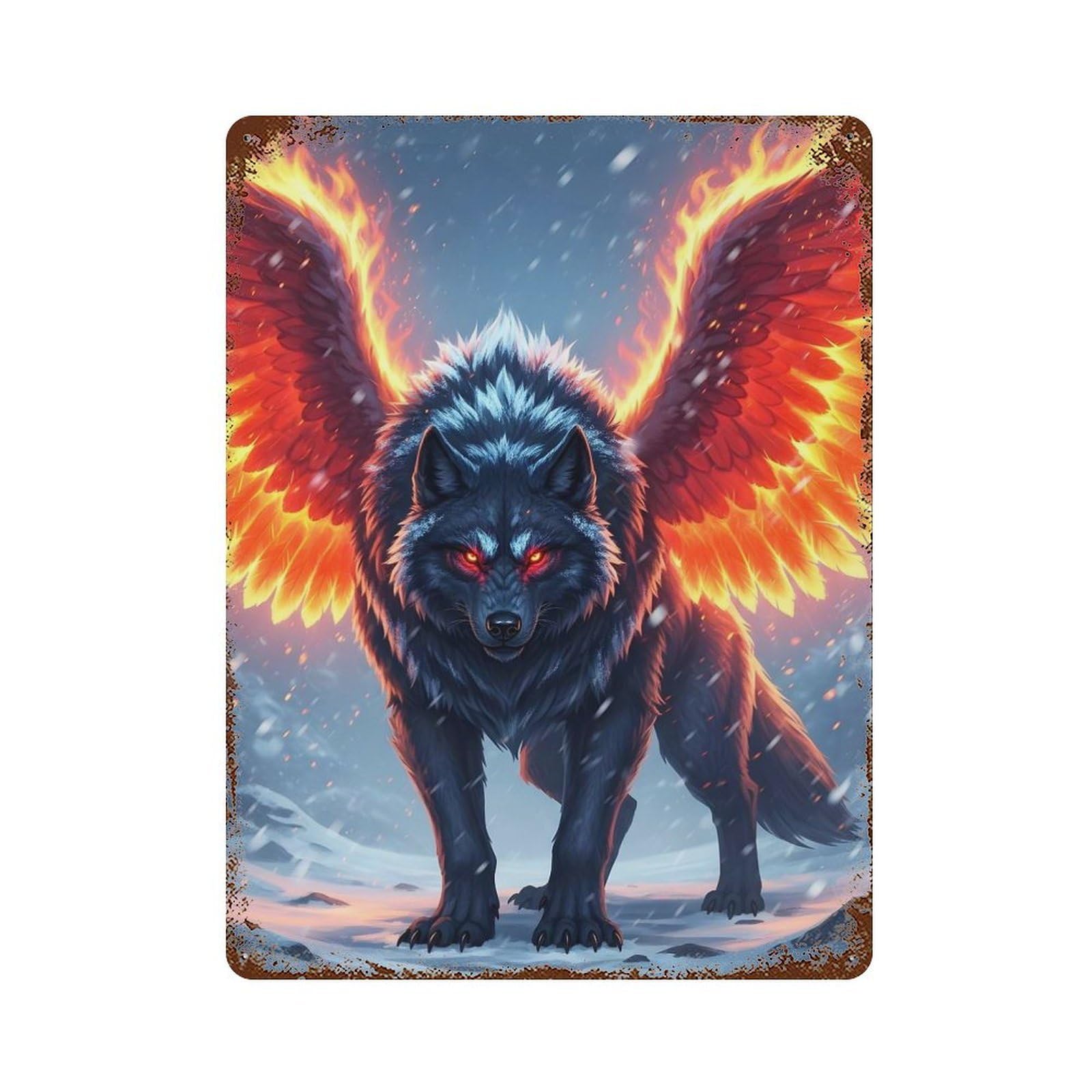Winged Wolf with Fiery Wings Retro Metal Sign 15.7"x11.8", for Pub, Kitchen And Man Cave Decor, Industrial Home Decor