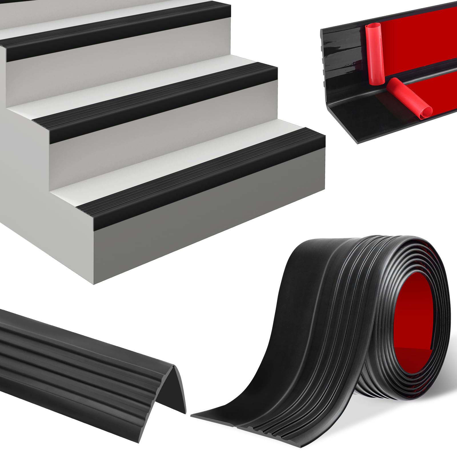 Stair Anti Slip Nosing Vinyl Self-Adhesive Stair Treads Edge Trim 3 Meter Flexible Rubber Step Protector for Indoor & Outdoor Step Edge Trim (50×48mm, Black)