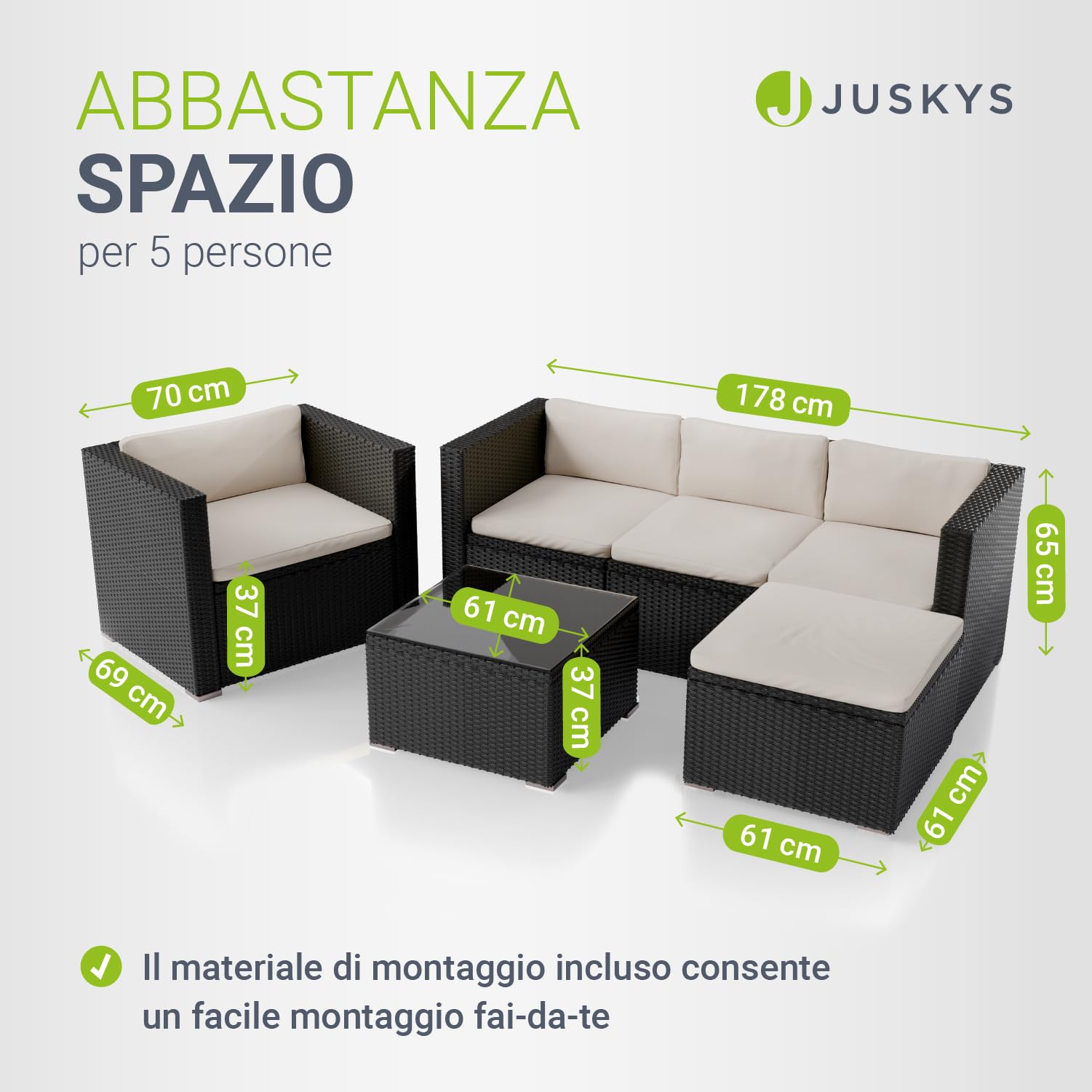 Juskys Lounge in polyrattan Punta Cana L resistente alle intemperie con divano, poltrona, sgabello, tavolo e cuscini - 4-5 persone - set di mobili da giardino lounge nero/crema