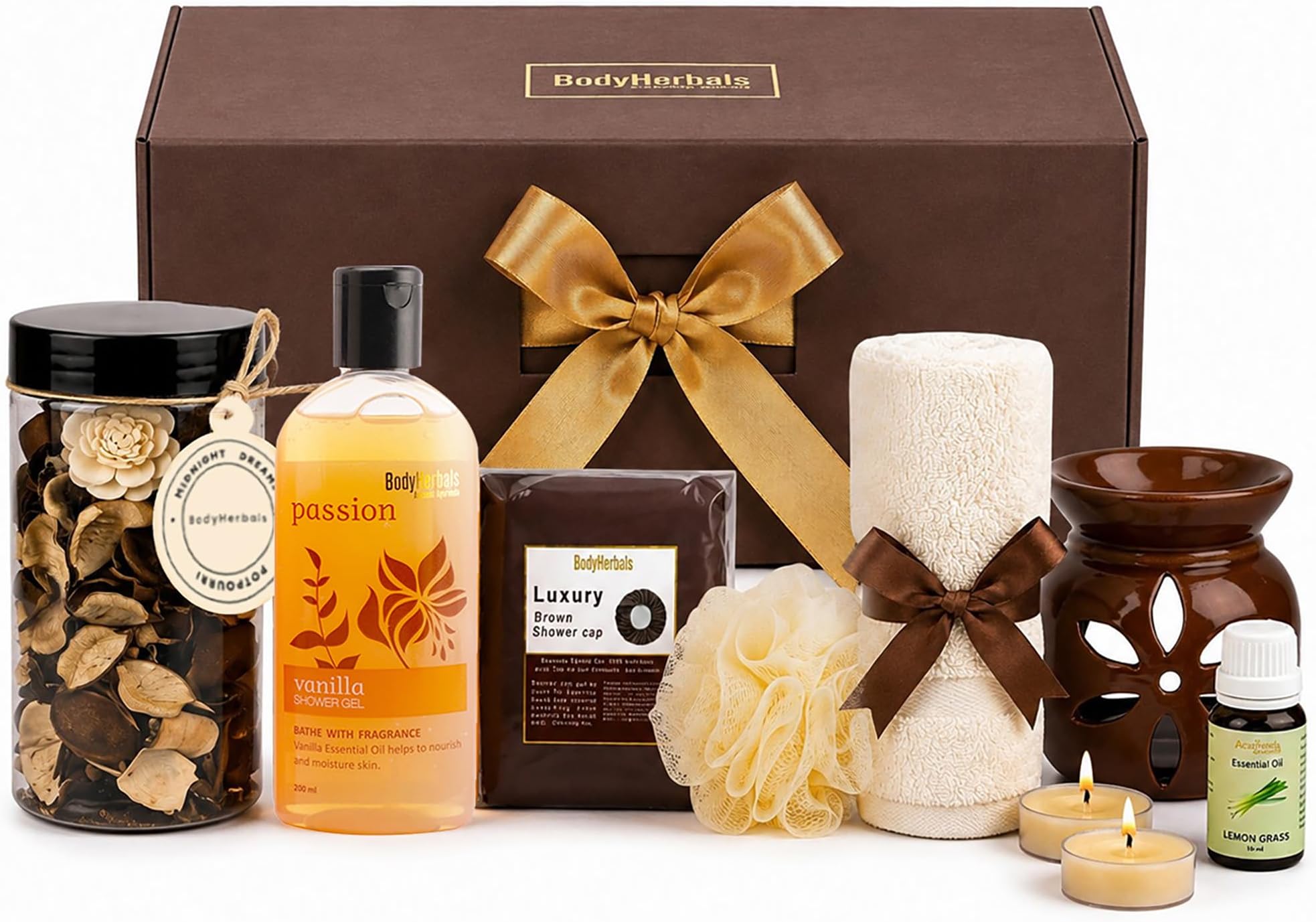 BodyHerbals Vanilla Bath & Body Care Gift Set for Women & Men – 8 Pcs Luxury Skin Care Kit with Spa Accessories | Vegan Gift Box for Birthdays, Anniversaries, Weddings, Raksha Bandhan Gift & Special Occasions