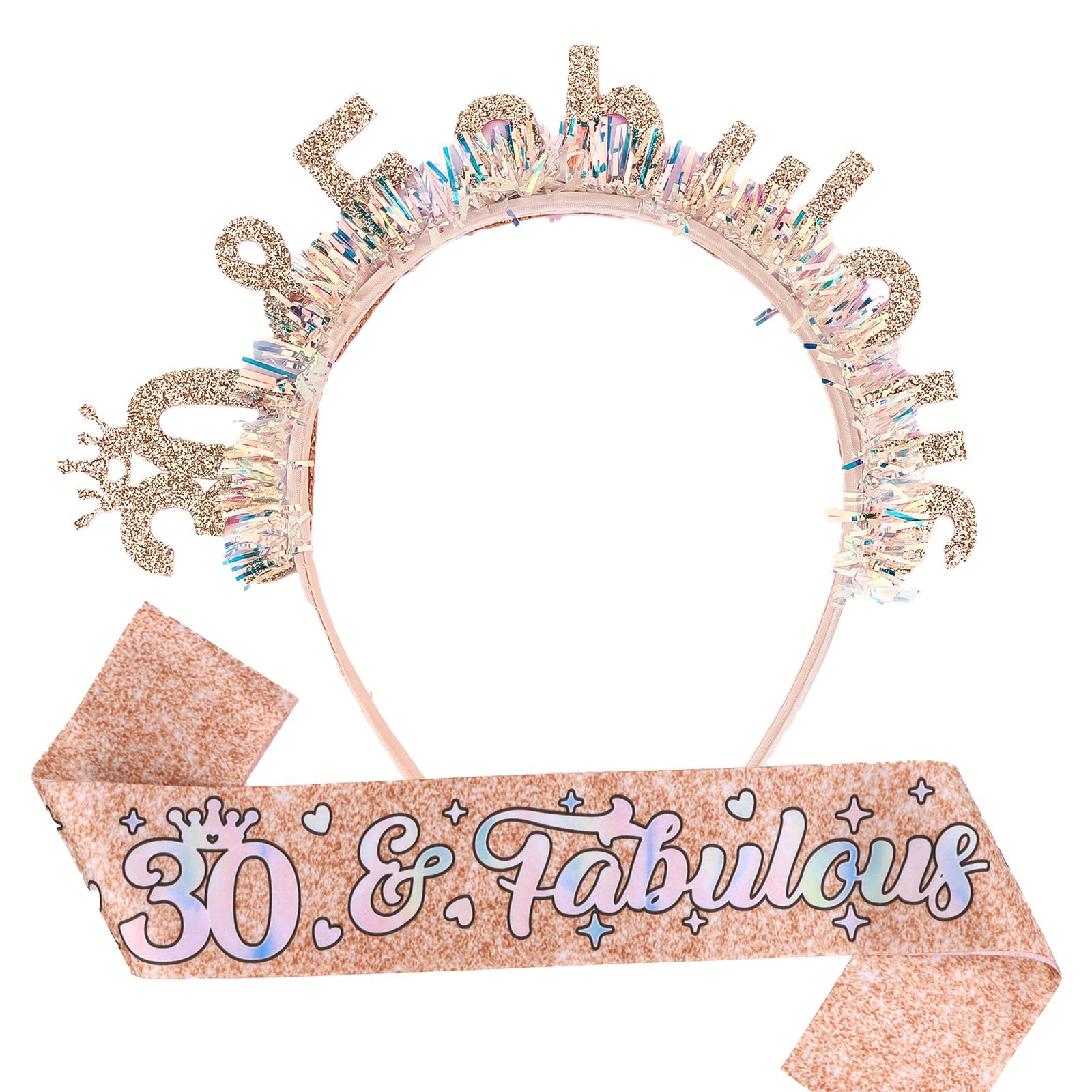 Exipsat 30 & Fabulous Geburtstag Haarreif und Schärpe Set, Roségold Glitzer Stirnband mit Schriftzug und Schärpe für 30. Geburtstag