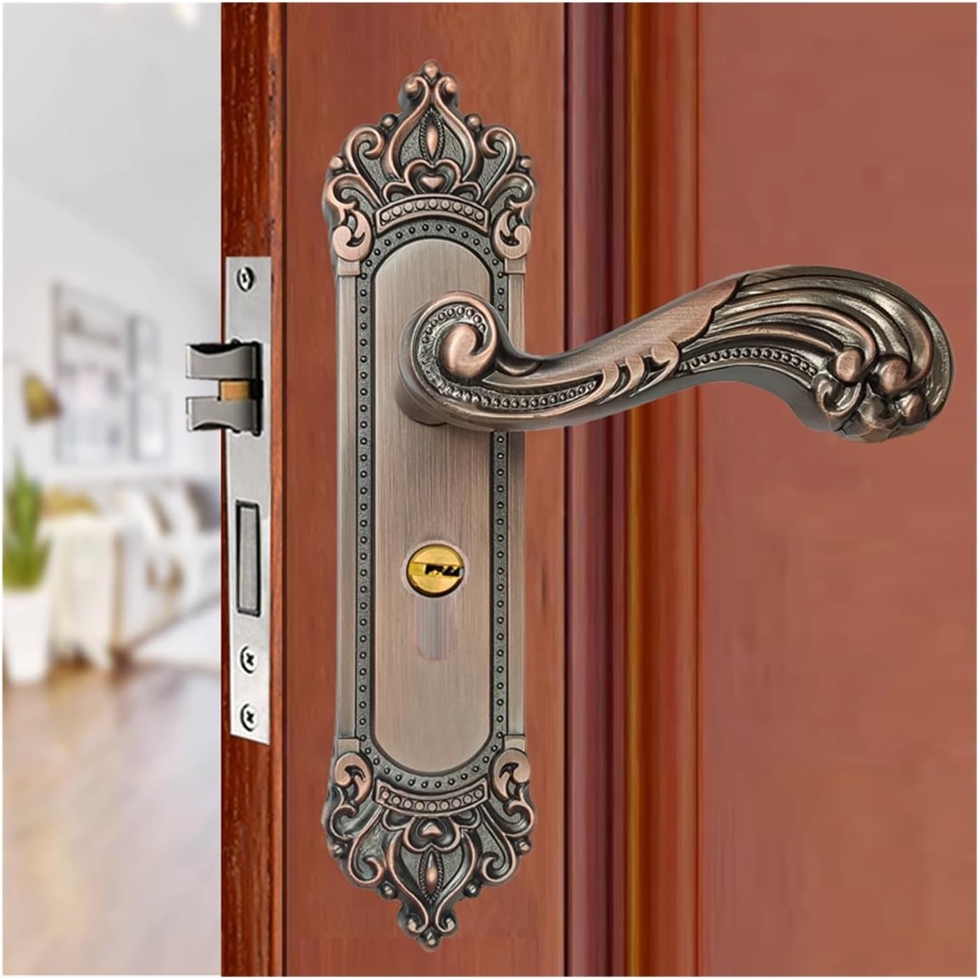 Silent European Door Lock Room Door Lock Bedroom Room Solid Wood Door Lock Imitation Bronze Handle Magnetic Suction(Red Bronze,Big 50 Silent Lock)