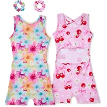 Gymnastics Leotards for Girls 2 Pack Kids Biketards Unitards with Scrunchies Sleeveless Open Back Outfits