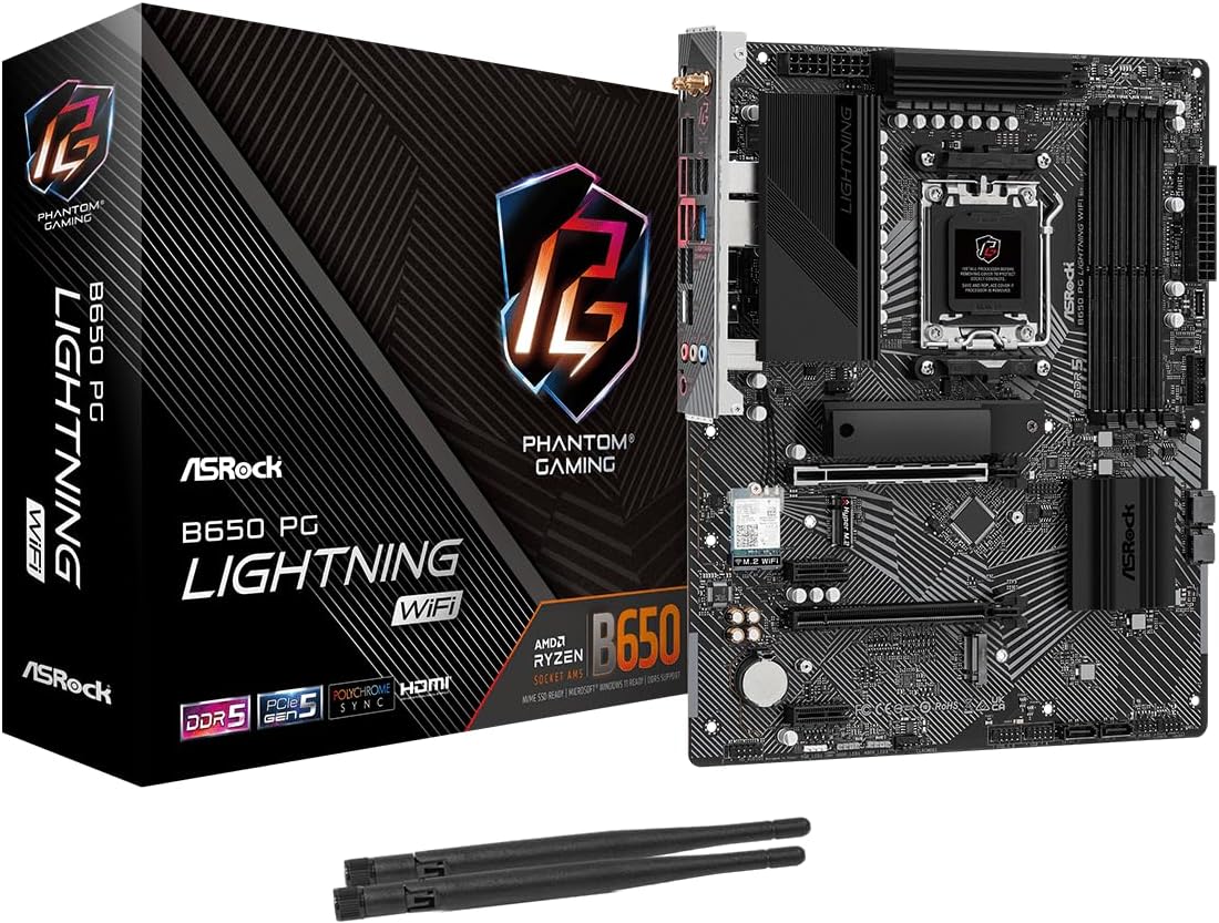 ASRock B650 PG Lightning WiFi Socket AM5 ATX Motherboard, Supports AMD Ryzen 9000/8000/7000 Series, DDR5 7200+ (OC), PCIe Gen5 M.2, WiFi 6E, 2.5G LAN