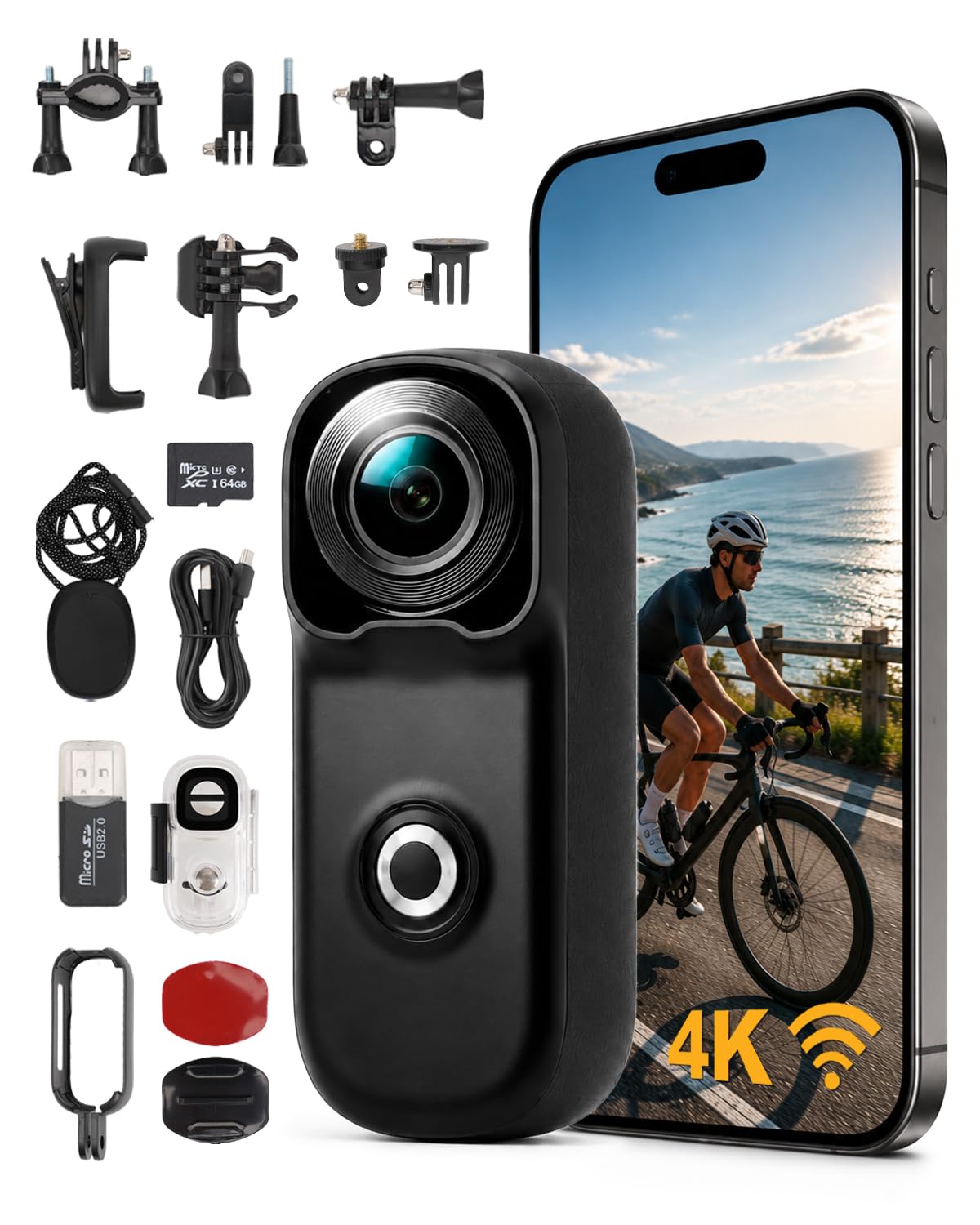 Mini caméra d'action 4K avec Carte SD de 64 Go, caméra corporelle magnétique POV avec Wi-FI