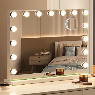 Amifiy Hollywood Vanity Mirror with Lights, 23x18 Inch 10X Magnifying LED Makeup Mirror, 15 Bulbs 3 Modes, Desk/Wall Mount White