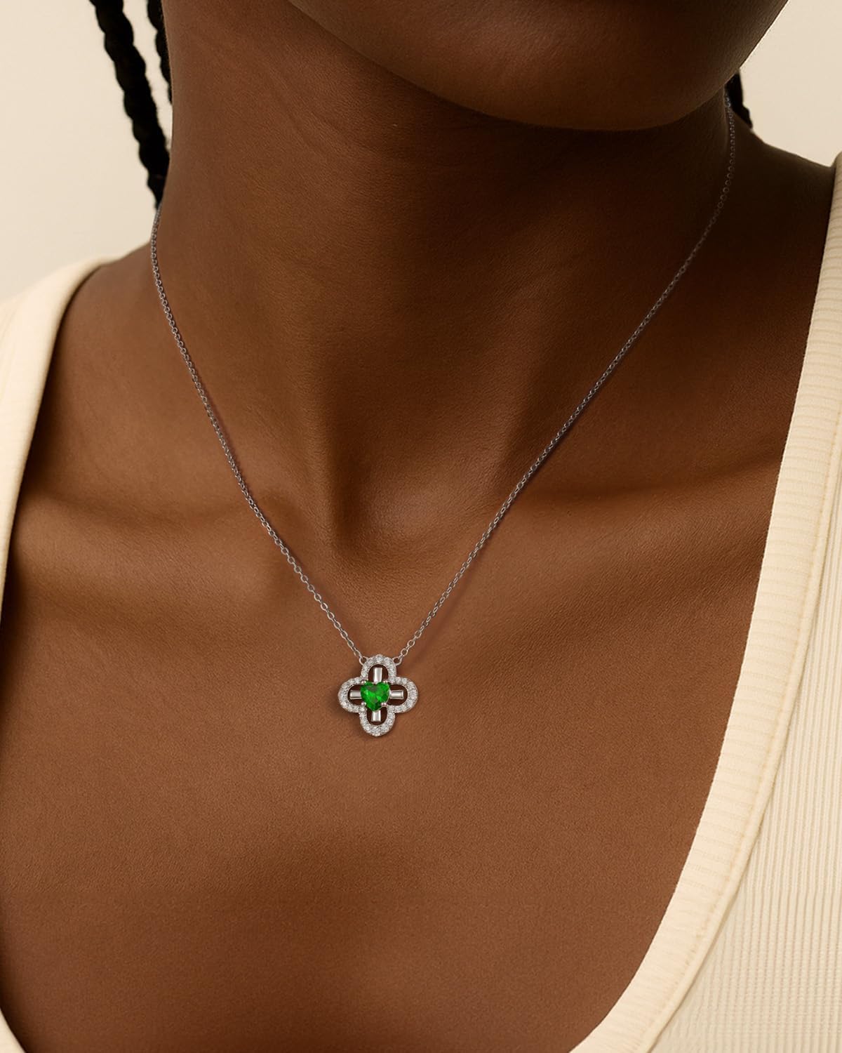 Four Leaf Clover Heart Birthstone Necklace, S925 Sterling Silver Clover Pendant, Dainty Lucky Charm Jewelry Birthday Gift for Her, 18"+2" Adjustable