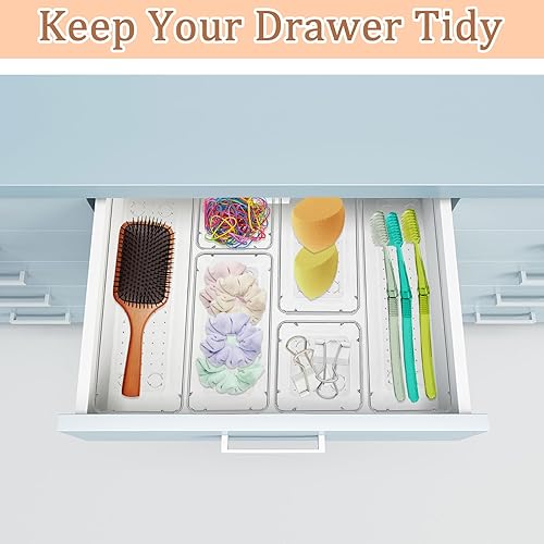 Miniatura 5 de Paquete de 6 organizadores transparentes para cajones, bandejas versátiles para baño y tocador, bandejas de almacenamiento de cajones de acrílico,