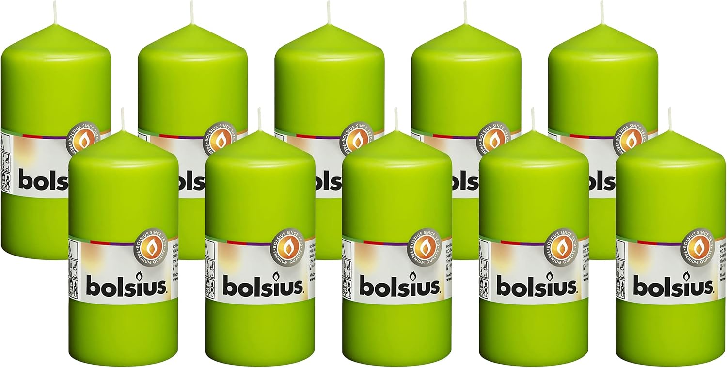 BOLSIUS 10 Lime Green Pillar Candles - 2.25 x 4.75 Inches - Premium European Quality - Individually Wrapped - 33 Burn Hours - Dripless Smokeless Unscented Dinner, Wedding, Party, & Home Decor Candles