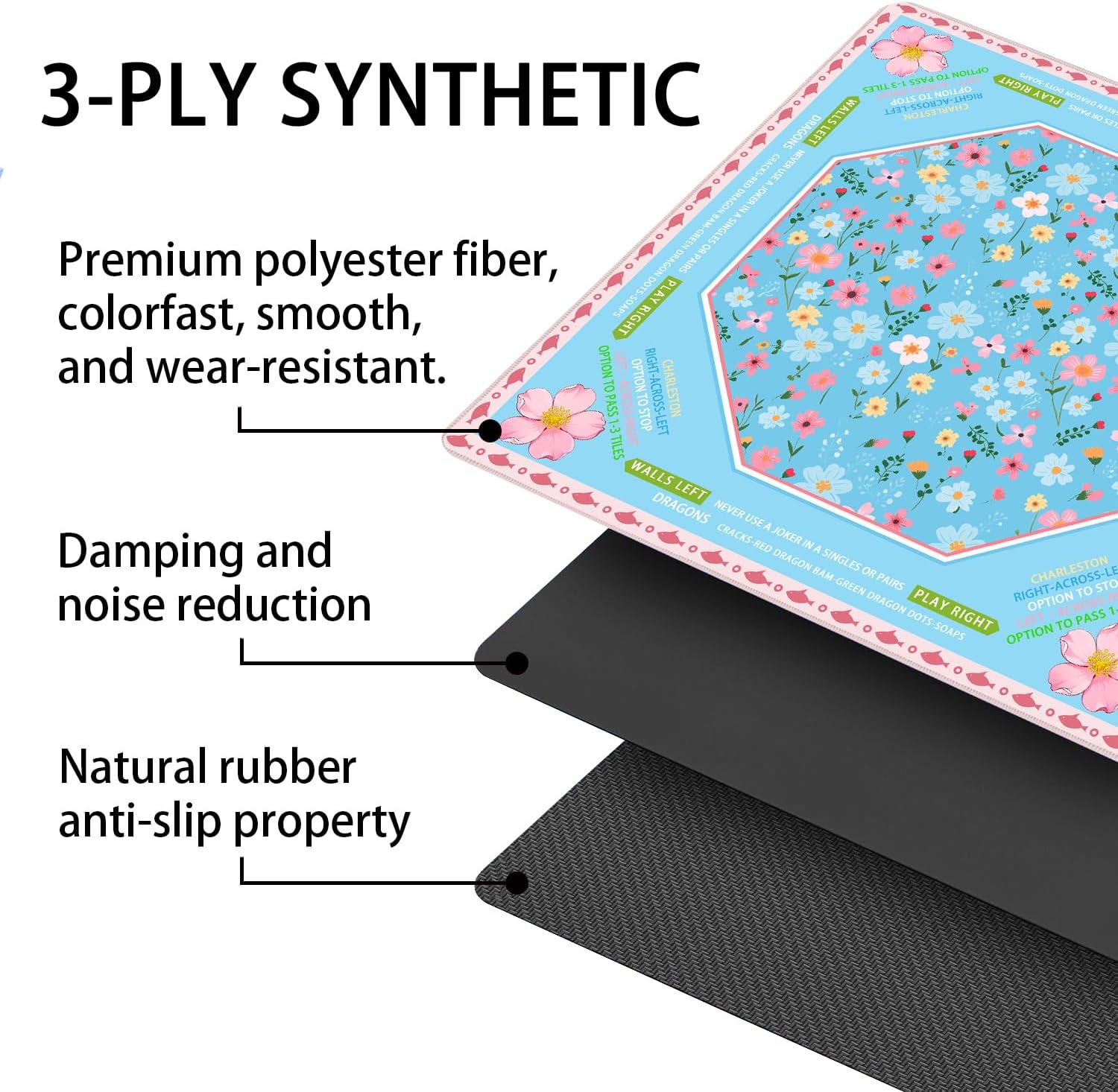 Pittera Mahjong mat for Table/31.5lnch/American Mahjong Table Cloth with Rules mats with Drawstring Bag,Noise ReductionAnti-Slip Game mat for Table,for Mahiona/PokerBoard Games/Card Games (Flower) image 4