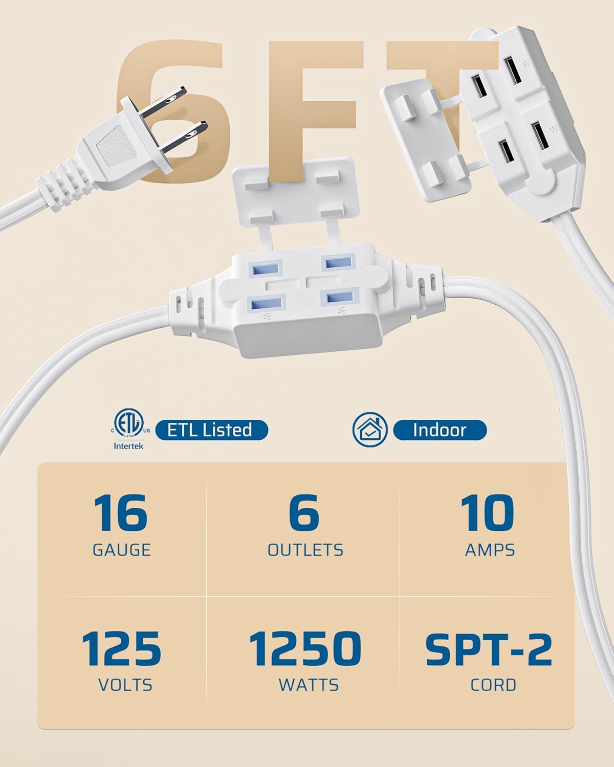 DEWENWILS 2 Prong Extension Cord 6 Ft, 3FT + 3FT Indoor Extension Cord, 2 Groups 3 Polarized Outlets with Safety Cap Protect for Home Office, White, 16/2 SPT-2 ETL Listed, 2 Pack