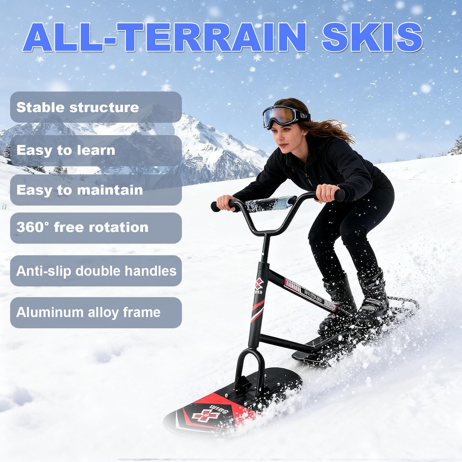 Snowboard/Scooter Da Neve Leggero: Design Con Doppio Sci Girevole A 360°, Impugnature Sicure E Antiscivolo, Adatto Per Snowboard, Sport Invernali, Attività In Giardino E All'aperto. woodcolor
