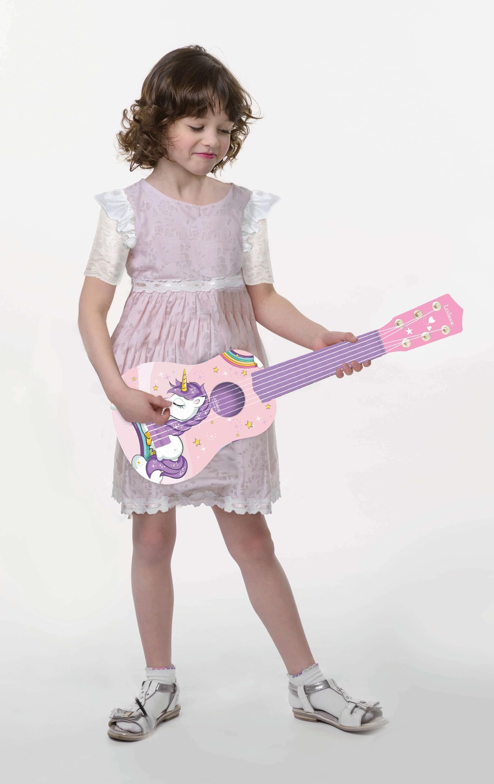 Lexibook, Jednorożec, My First Guitar dla dzieci, 6 strun nylonowych, długość 53 cm, przewodnik w zestawie, różowy, K200UNILXB