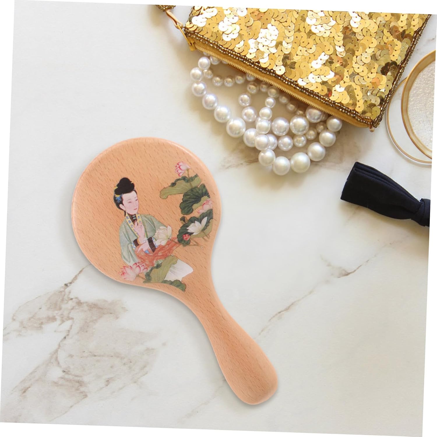 Healifty Vintage Wooden Handheld Makeup Mirror with Ergonomic Handle Compact Small Portable Cosmetic Mirror for Travel and Daily Use Stylish Retro Design Women