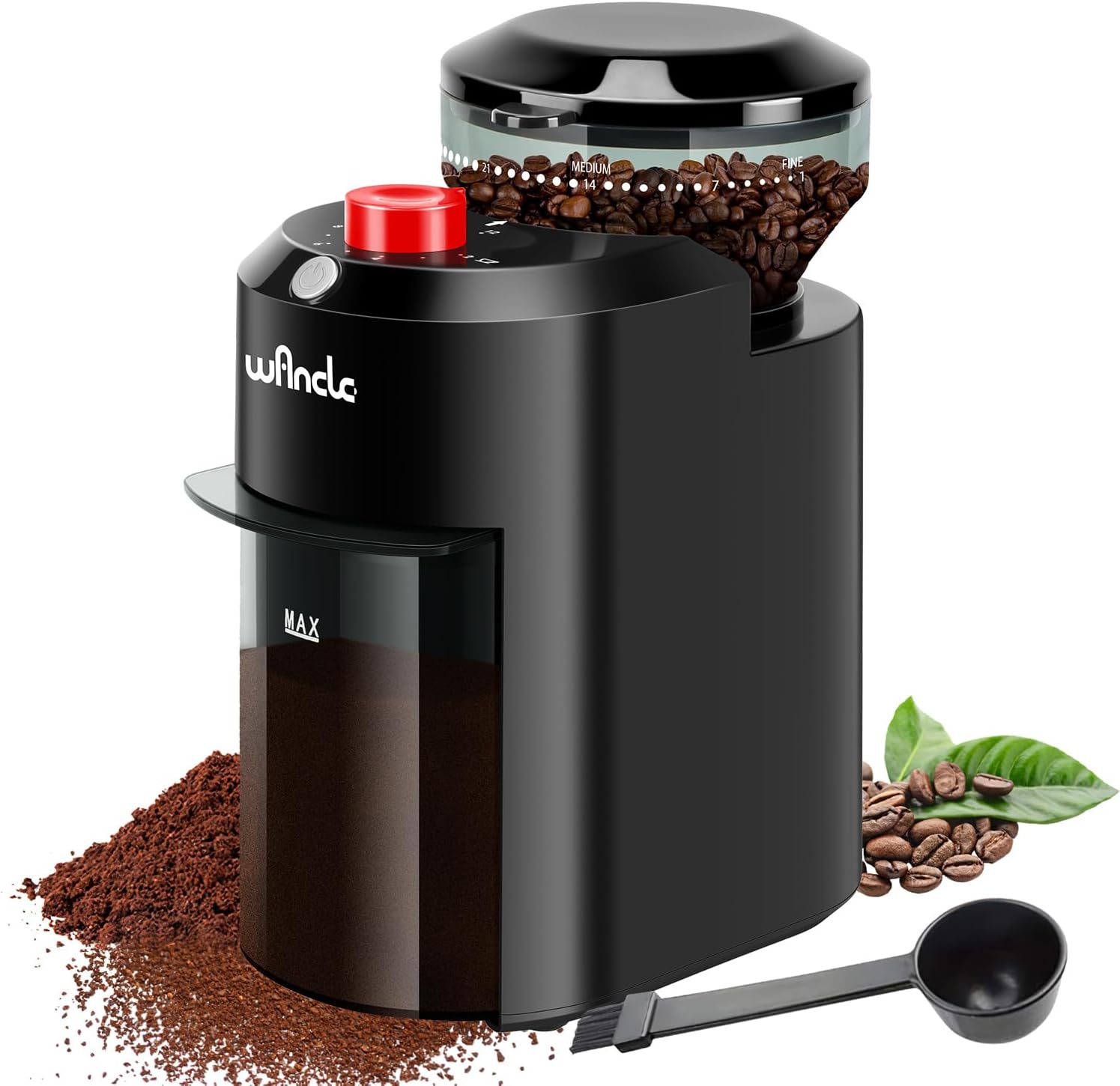 Wancle Electric Burr Coffee Grinder - Adjustable with 28 Precise Grind Settings for 12 Cups - Professional Coffee Bean Grinder (Plastic, Black+Red)