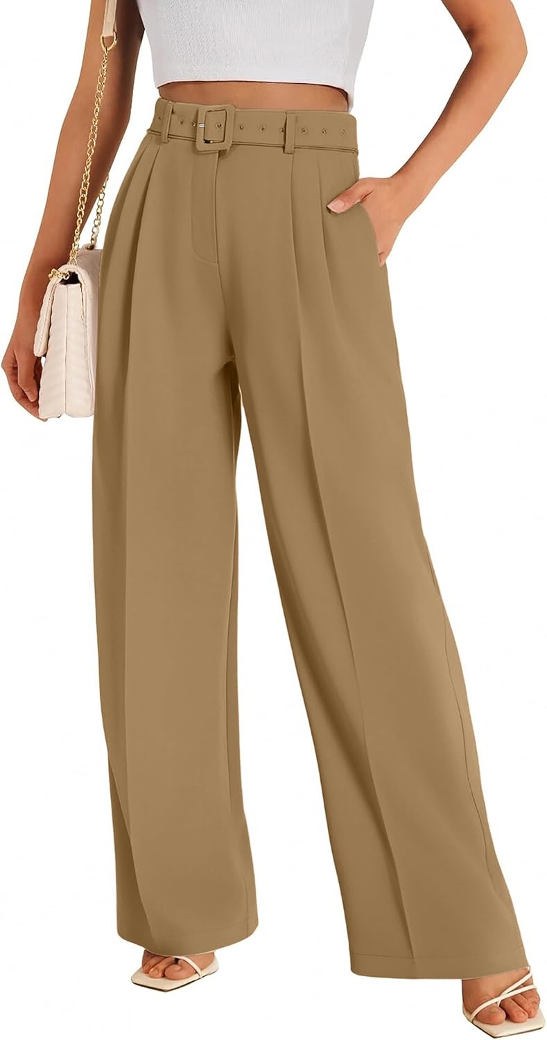 FUNYYZO Women Dress Office Pant High Waist Wide Leg Slacks Business Work Casual Long Belted Trousers 2026