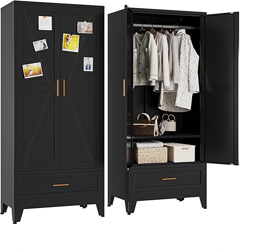 Miniatura 16 de Armario de metal Guardarropa Closet con Barra para Colgar, 71'' Gabinete Guardarropa de Metal con 2 Puertas y 2 Estantes Ajustables, Armarios de